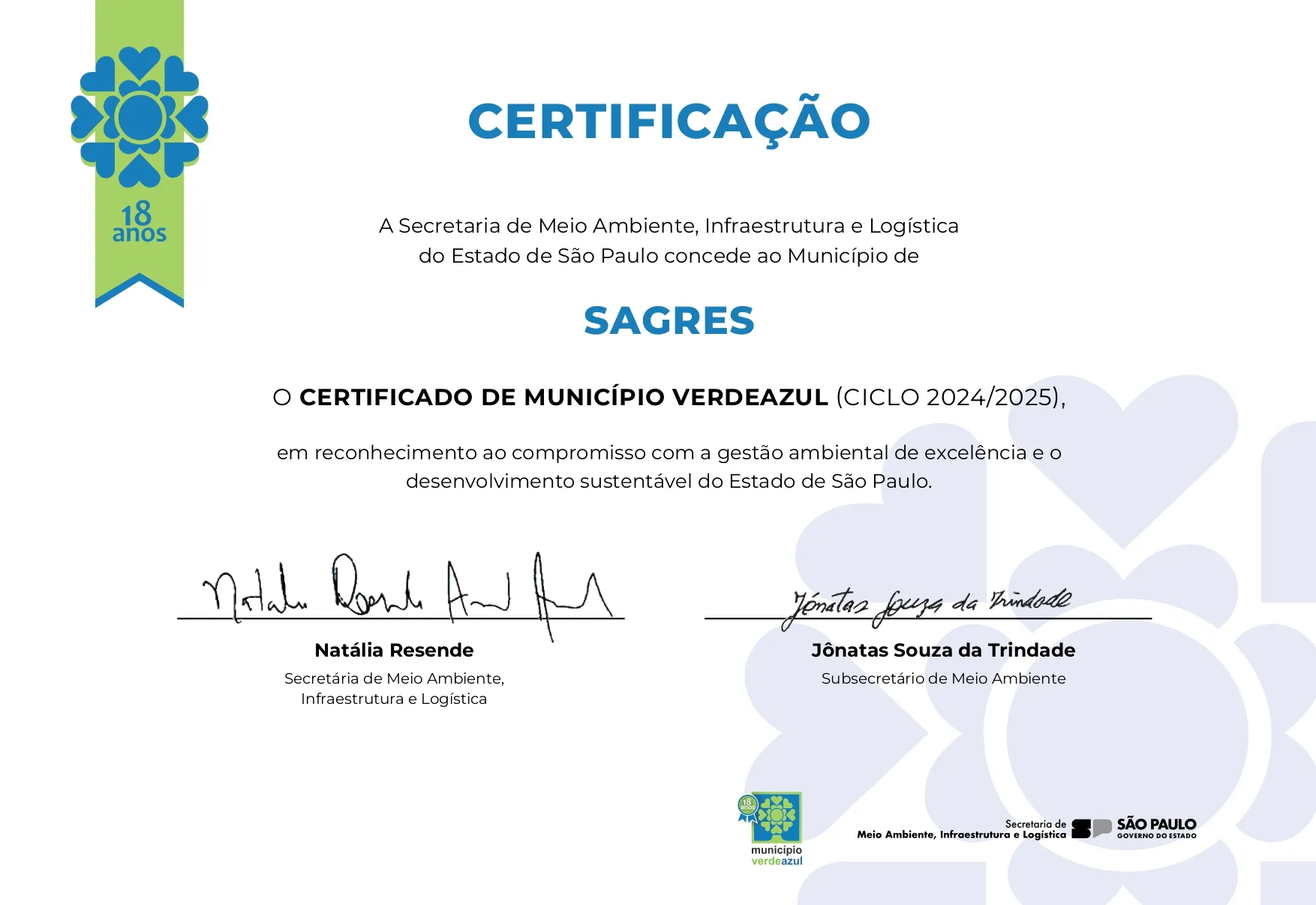 Sagres conquista novamente certificação no Programa Município VerdeAzul